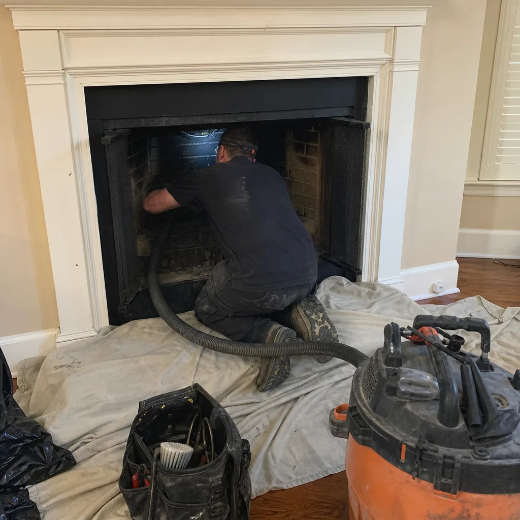 Professional chimney sweep cleaning a fireplace with a shop vacuum