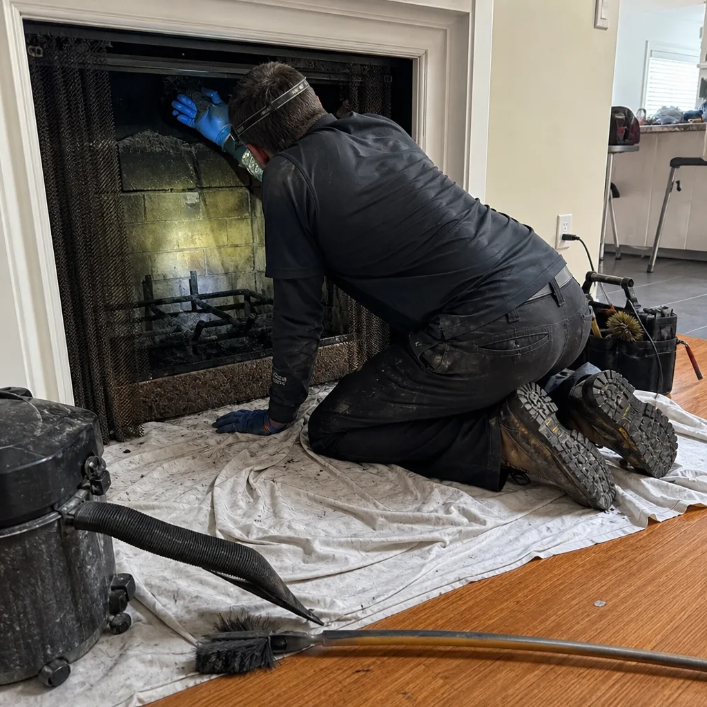 Professional chimney sweep performing a thorough fireplace inspection and cleaning