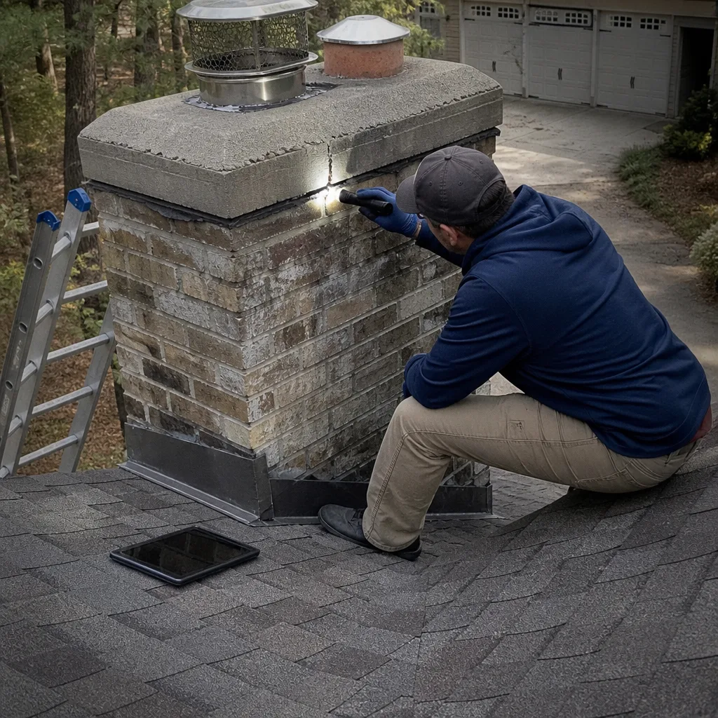 Professional chimney sweep inspecting a brick chimney stack on a residential roof