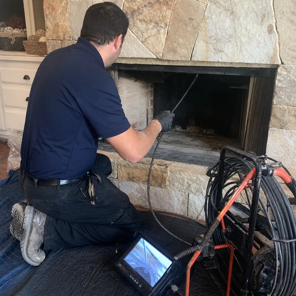 Technician using video camera for professional fireplace inspection and chimney repair