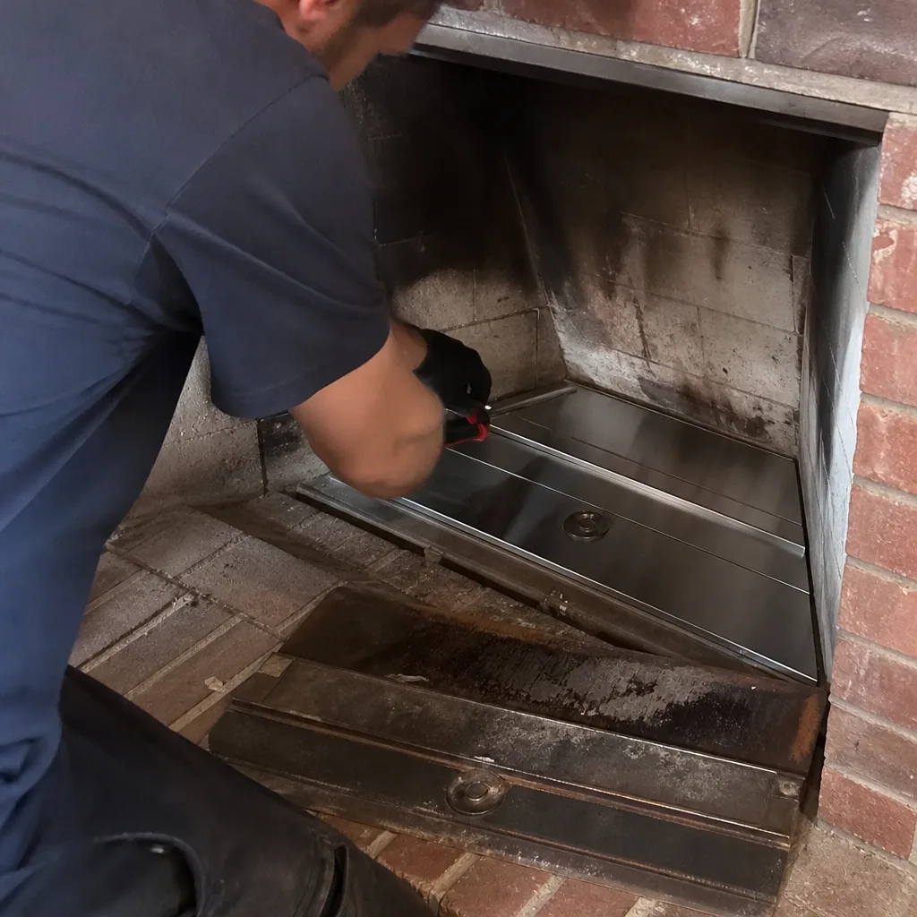 Professional technician performing fireplace repair and maintenance service